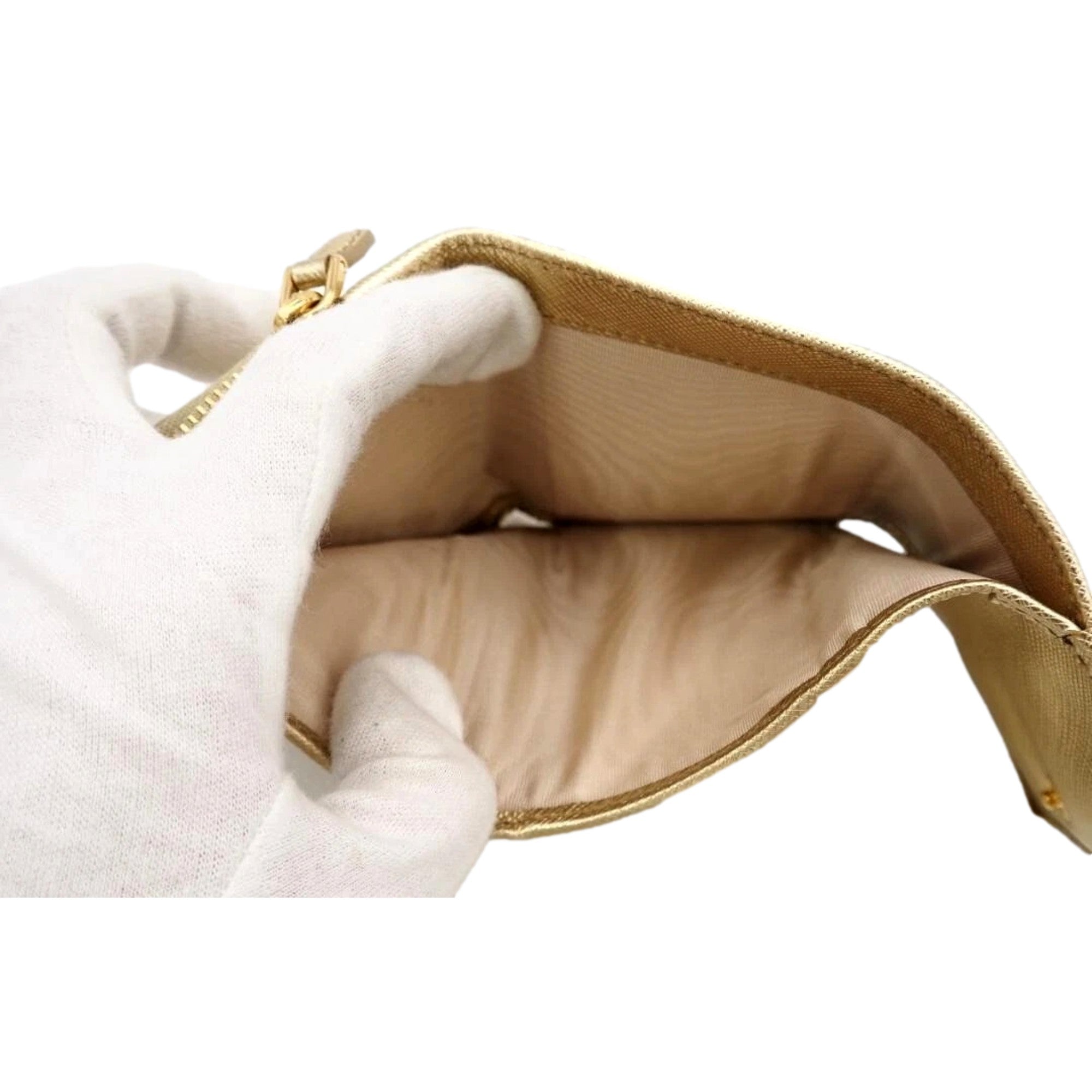 Prada Saffiano Platino Gold Trifold Wallet Card Case with Zipper Coin Pouch available at Queen Bee of Beverly Hills