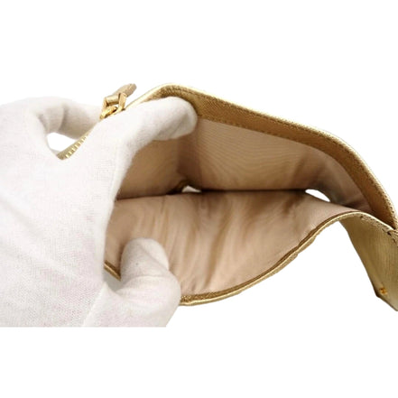Prada Saffiano Platino Gold Trifold Wallet Card Case with Zipper Coin Pouch available at Queen Bee of Beverly Hills