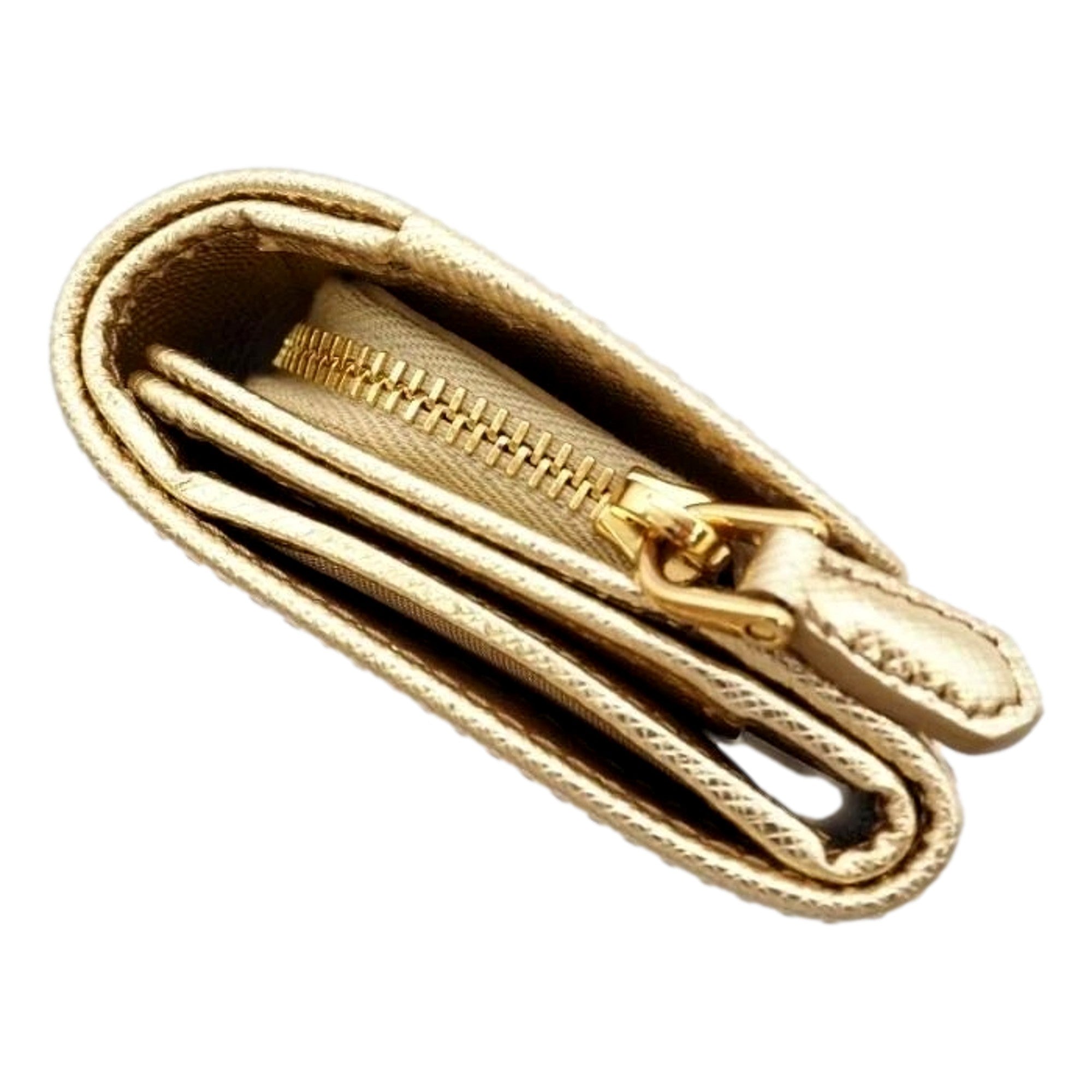 Prada Saffiano Platino Gold Trifold Wallet Card Case with Zipper Coin Pouch available at Queen Bee of Beverly Hills