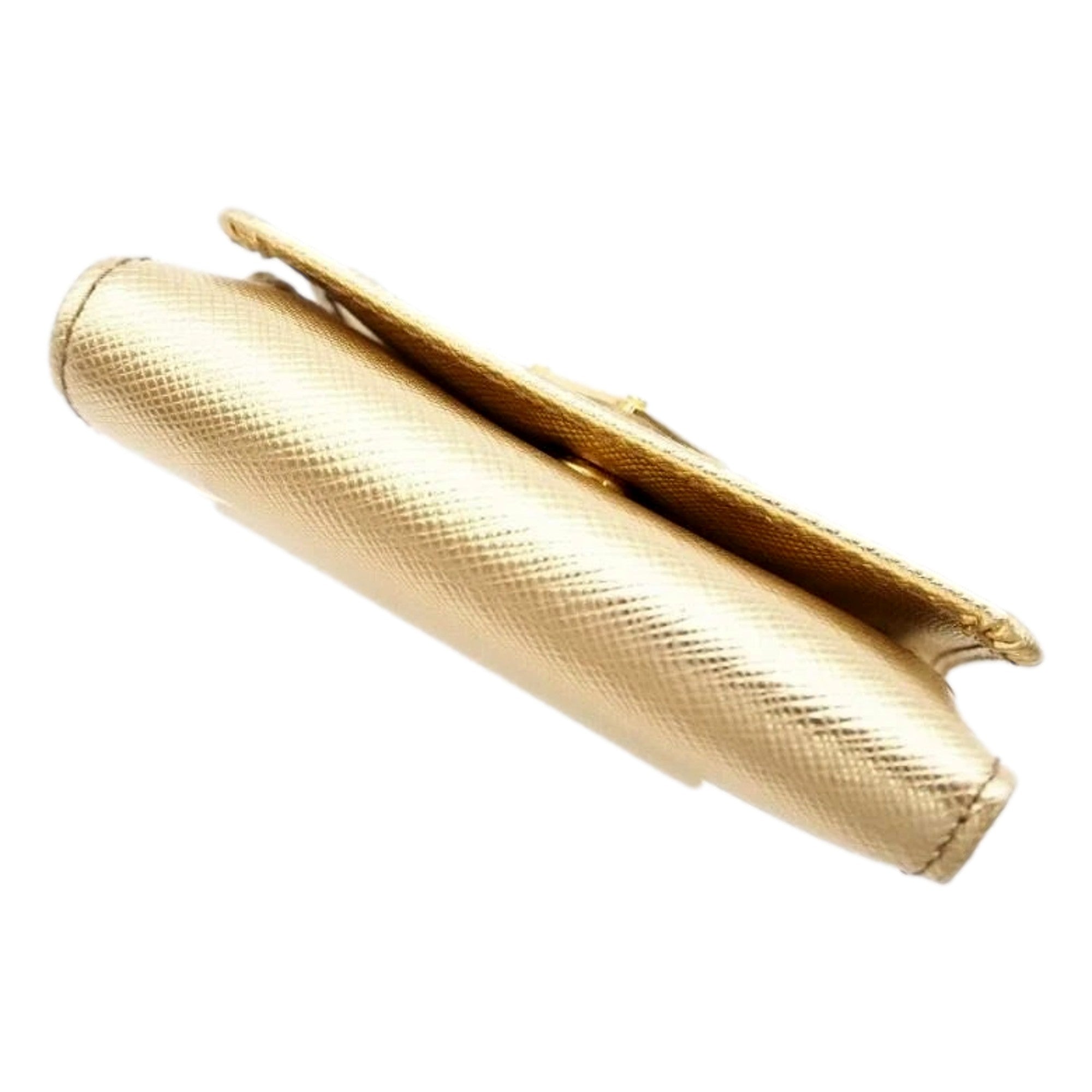 Prada Saffiano Platino Gold Trifold Wallet Card Case with Zipper Coin Pouch available at Queen Bee of Beverly Hills