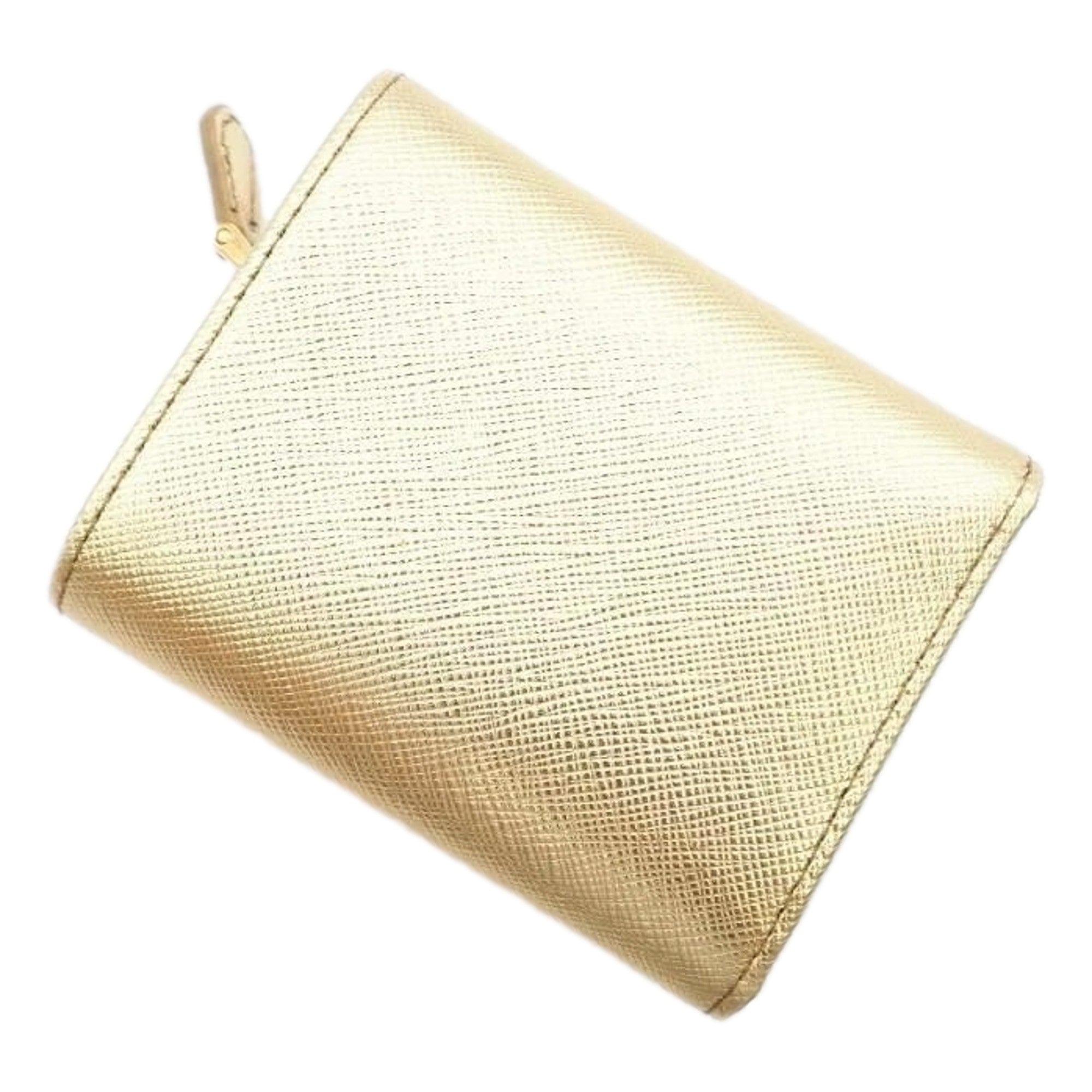 Prada Saffiano Platino Gold Trifold Wallet Card Case with Zipper Coin Pouch available at Queen Bee of Beverly Hills