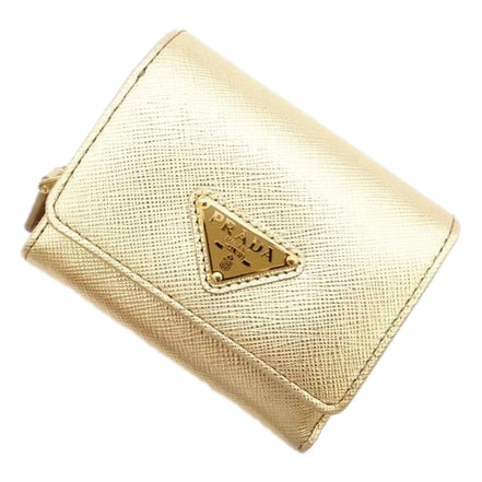 Prada Saffiano Platino Gold Trifold Wallet Card Case with Zipper Coin Pouch available at Queen Bee of Beverly Hills