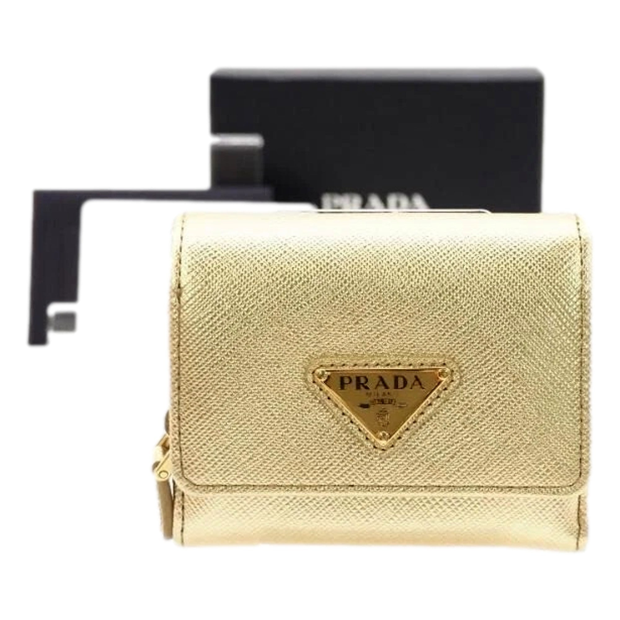 Prada Saffiano Platino Gold Trifold Wallet Card Case with Zipper Coin Pouch available at Queen Bee of Beverly Hills