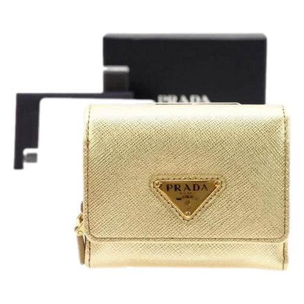 Prada Saffiano Platino Gold Trifold Wallet Card Case with Zipper Coin Pouch available at Queen Bee of Beverly Hills