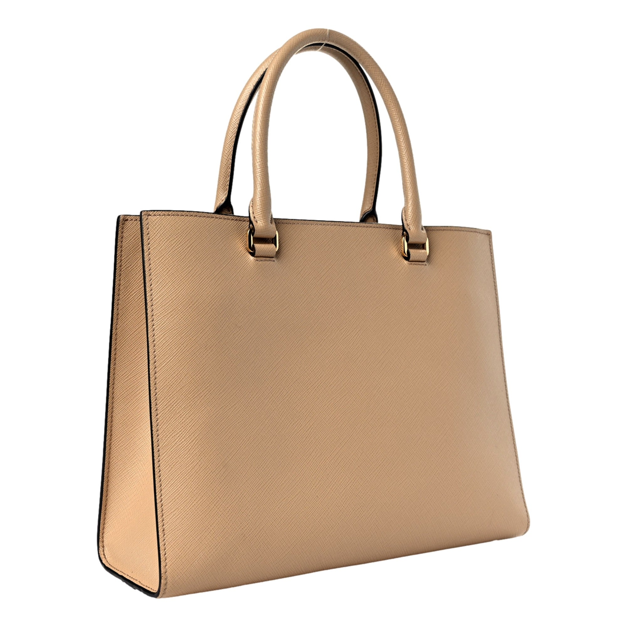 Prada Saffiano Sabbia Sand Beige Lux Logo Embossed Medium Shoulder Tote Handbag available at Queen Bee of Beverly Hills
