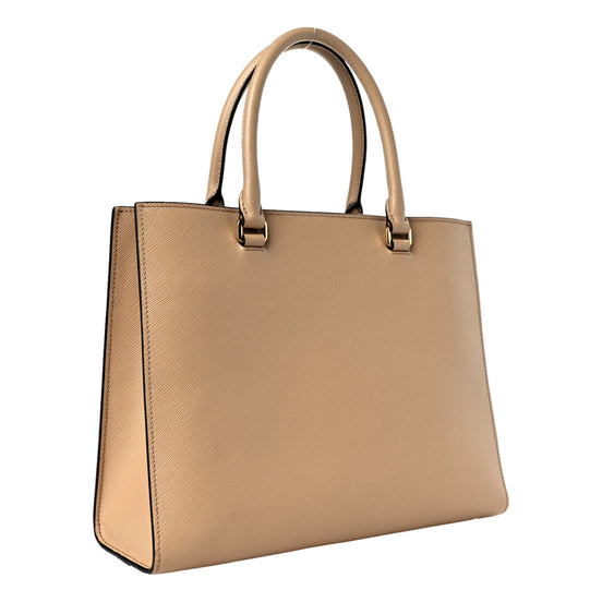 Prada Saffiano Sabbia Sand Beige Lux Logo Embossed Medium Shoulder Tote Handbag available at Queen Bee of Beverly Hills