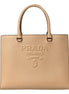 Prada Saffiano Sabbia Sand Beige Lux Logo Embossed Medium Shoulder Tote Handbag available at Queen Bee of Beverly Hills
