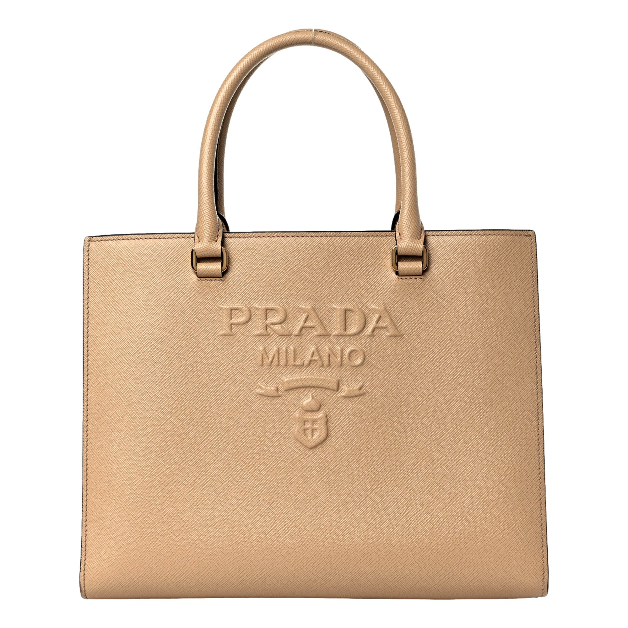 Prada Saffiano Sabbia Sand Beige Lux Logo Embossed Medium Shoulder Tote Handbag available at Queen Bee of Beverly Hills