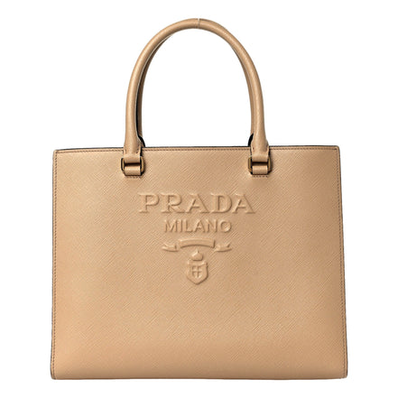 Prada Saffiano Sabbia Sand Beige Lux Logo Embossed Medium Shoulder Tote Handbag available at Queen Bee of Beverly Hills
