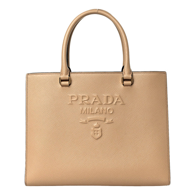 Prada Saffiano Sabbia Sand Beige Lux Logo Embossed Medium Shoulder Tote Handbag available at Queen Bee of Beverly Hills