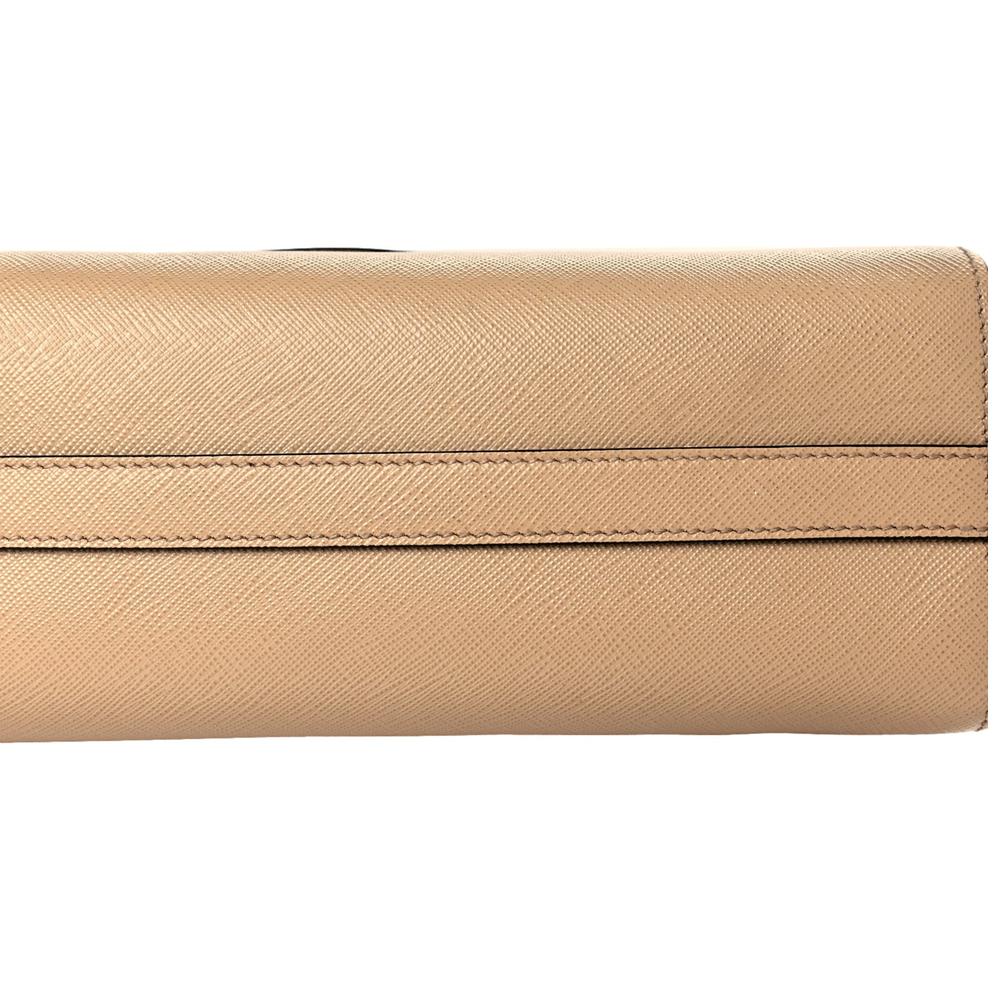 Prada Saffiano Sabbia Sand Beige Lux Logo Embossed Medium Shoulder Tote Handbag available at Queen Bee of Beverly Hills