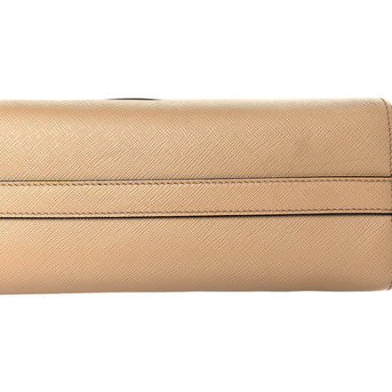 Prada Saffiano Sabbia Sand Beige Lux Logo Embossed Medium Shoulder Tote Handbag available at Queen Bee of Beverly Hills