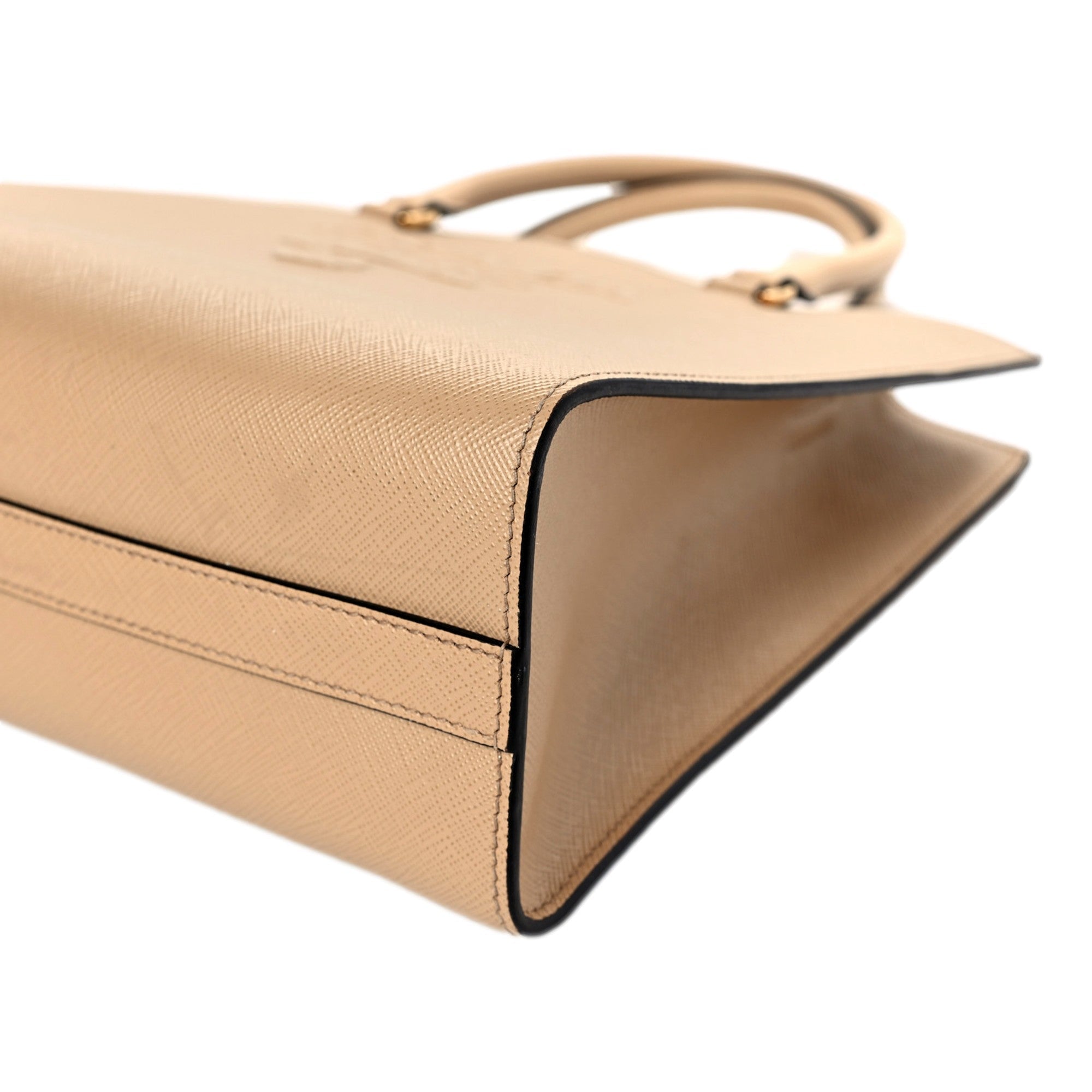 Prada Saffiano Sabbia Sand Beige Lux Logo Embossed Medium Shoulder Tote Handbag available at Queen Bee of Beverly Hills