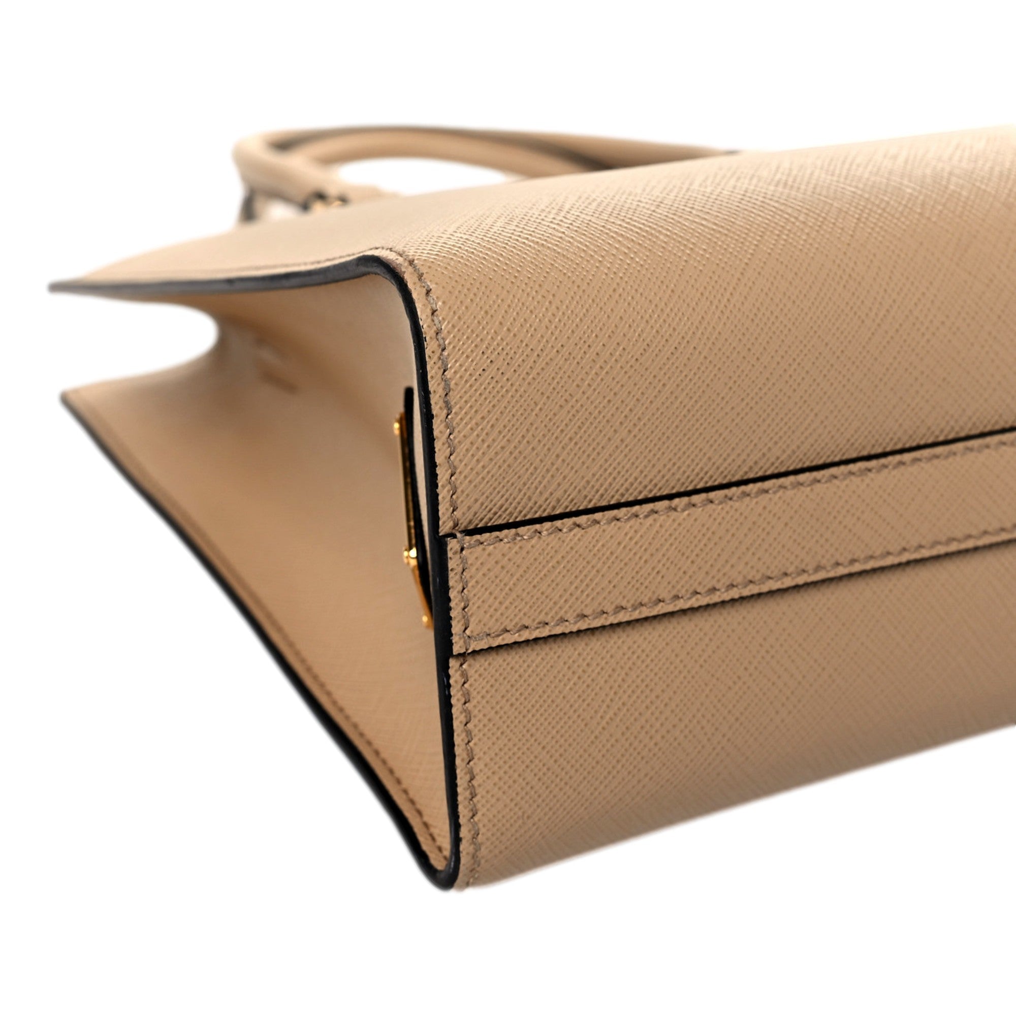 Prada Saffiano Sabbia Sand Beige Lux Logo Embossed Medium Shoulder Tote Handbag available at Queen Bee of Beverly Hills