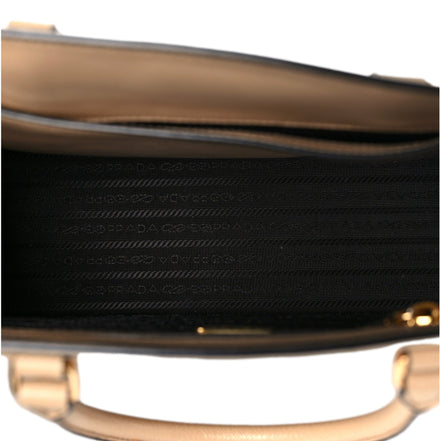 Prada Saffiano Sabbia Sand Beige Lux Logo Embossed Medium Shoulder Tote Handbag available at Queen Bee of Beverly Hills