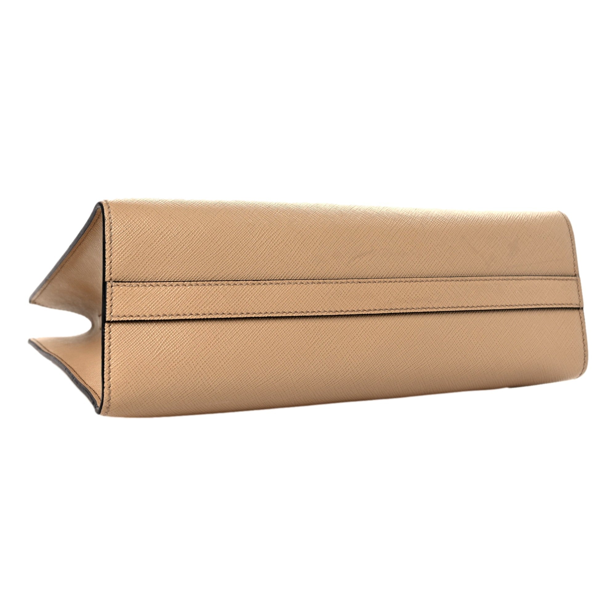 Prada Saffiano Sabbia Sand Beige Lux Logo Embossed Medium Shoulder Tote Handbag available at Queen Bee of Beverly Hills