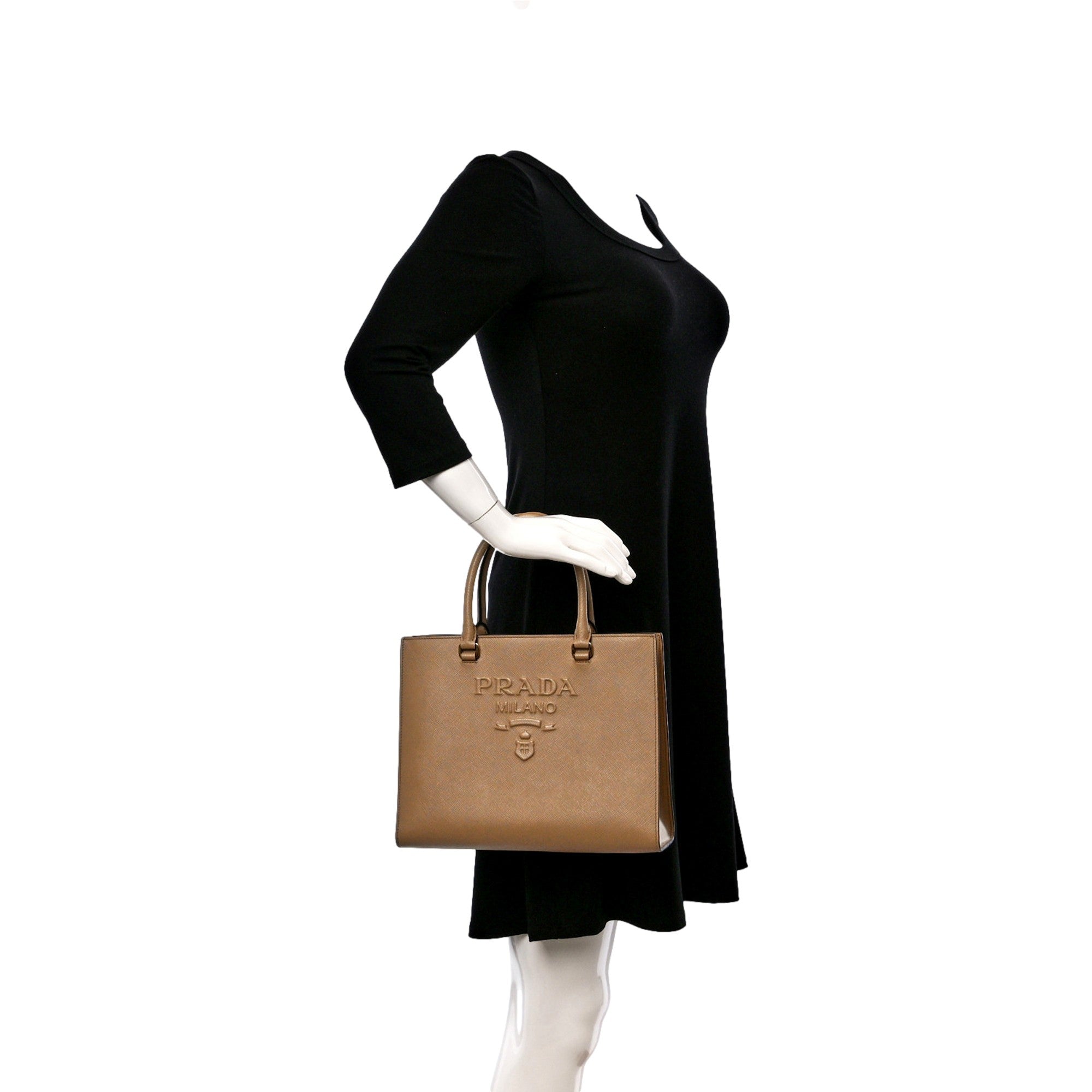 Prada Saffiano Sabbia Sand Beige Lux Logo Embossed Medium Shoulder Tote Handbag available at Queen Bee of Beverly Hills