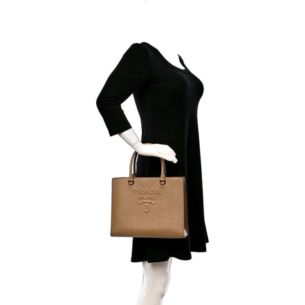 Prada Saffiano Sabbia Sand Beige Lux Logo Embossed Medium Shoulder Tote Handbag available at Queen Bee of Beverly Hills