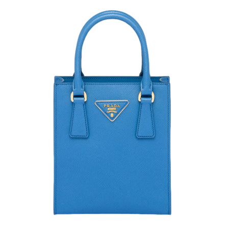 Blue Prada handbag on a white background