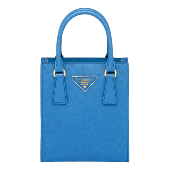Blue Prada handbag on a white background