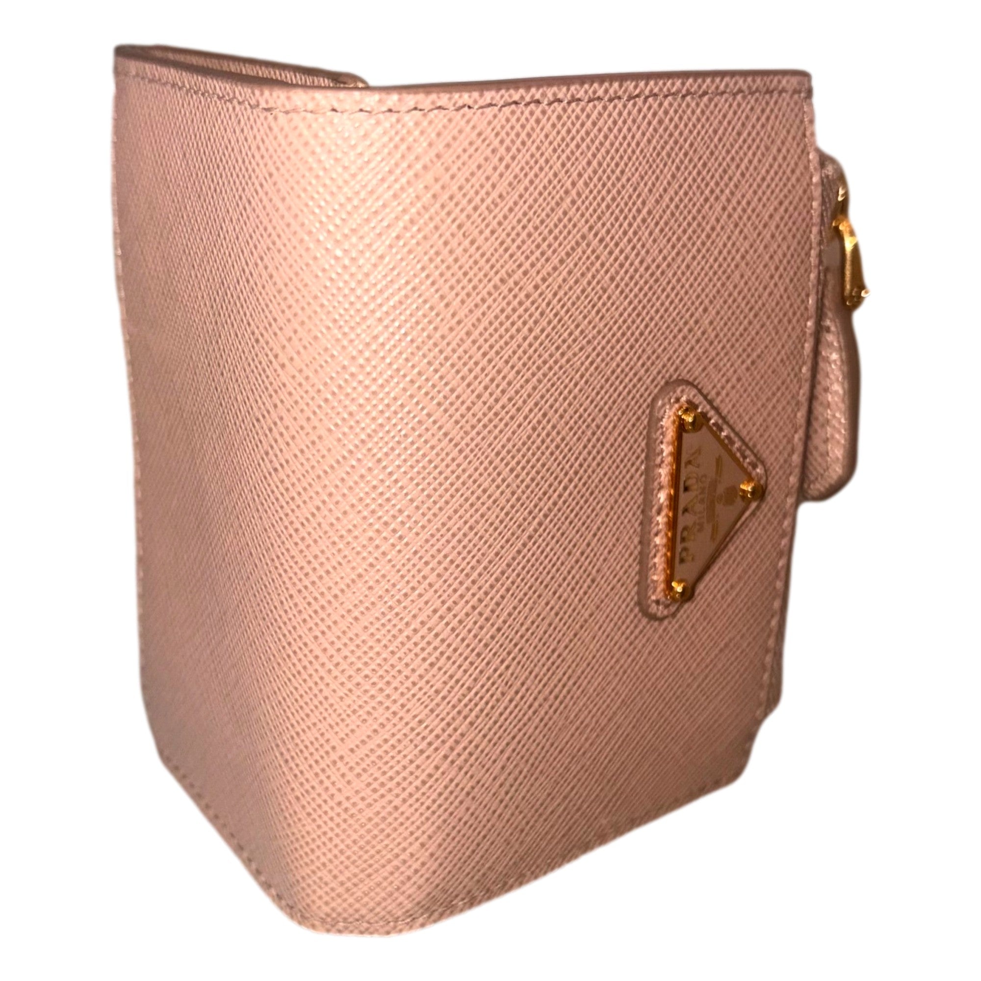 Prada Saffiano Leather Cipria Beige Small Snap Bifold Coin Pouch Wallet - available at Queen Bee of Beverly Hills.