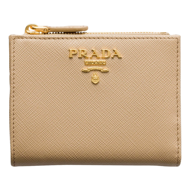 Prada Saffiano Beige Brown Multicolor Snap Bifold Zip Coin Pocket Wallet sold at Queen Bee of Beverly Hills