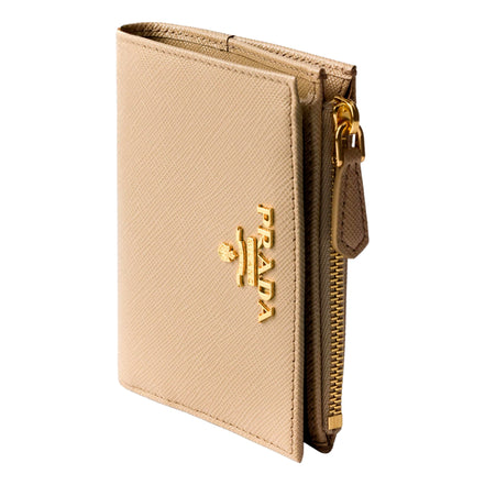 Prada Saffiano Beige Brown Multicolor Snap Bifold Zip Coin Pocket Wallet sold at Queen Bee of Beverly Hills