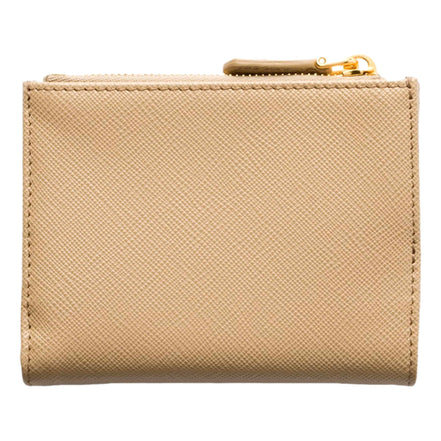 Prada Saffiano Beige Brown Multicolor Snap Bifold Zip Coin Pocket Wallet sold at Queen Bee of Beverly Hills