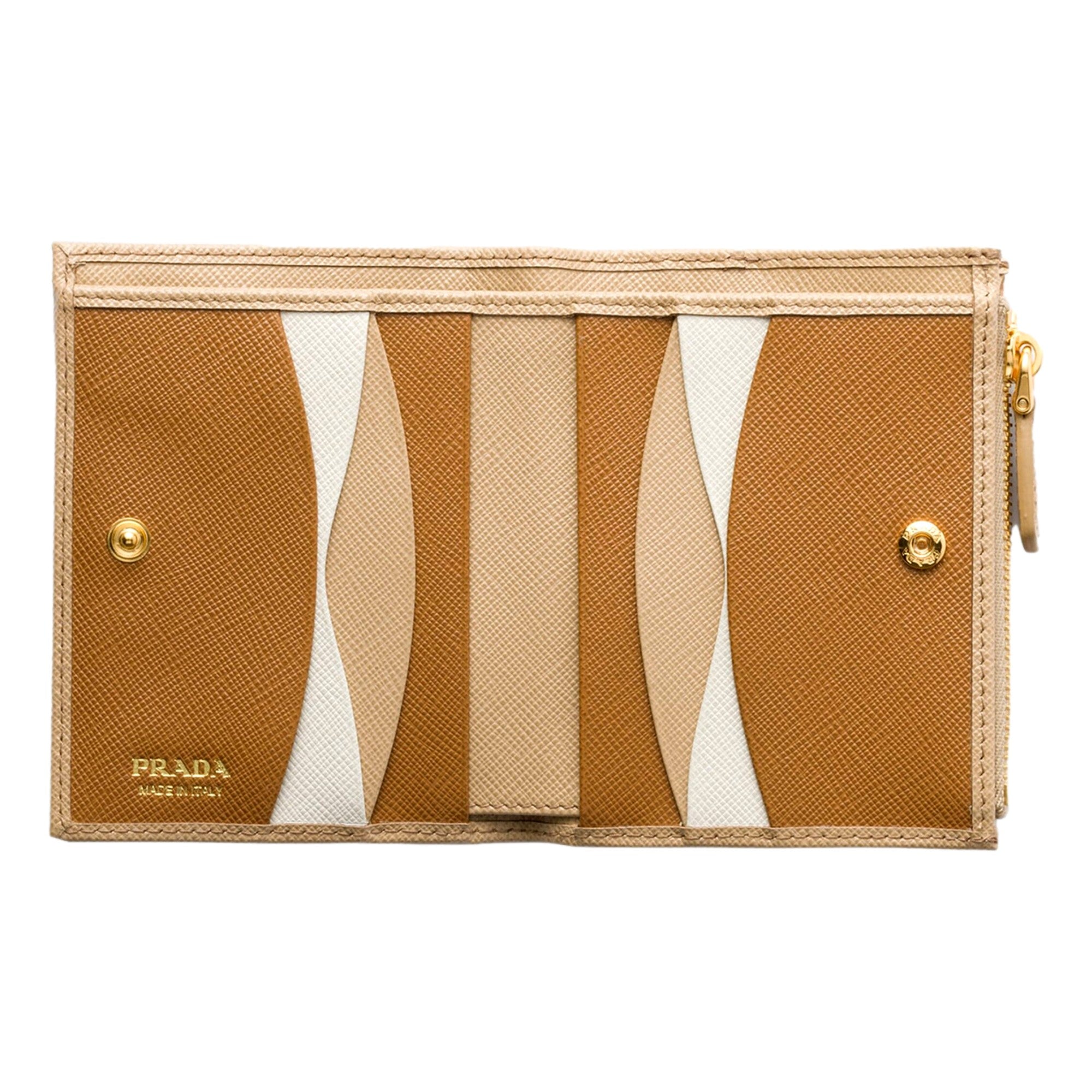 Prada Saffiano Beige Brown Multicolor Snap Bifold Zip Coin Pocket Wallet sold at Queen Bee of Beverly Hills
