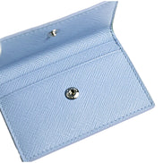 Prada Saffiano Celeste Blue Leather Small Snap Card Holder Wallet Triangle Logo sold at Queen Bee of Beverly Hills