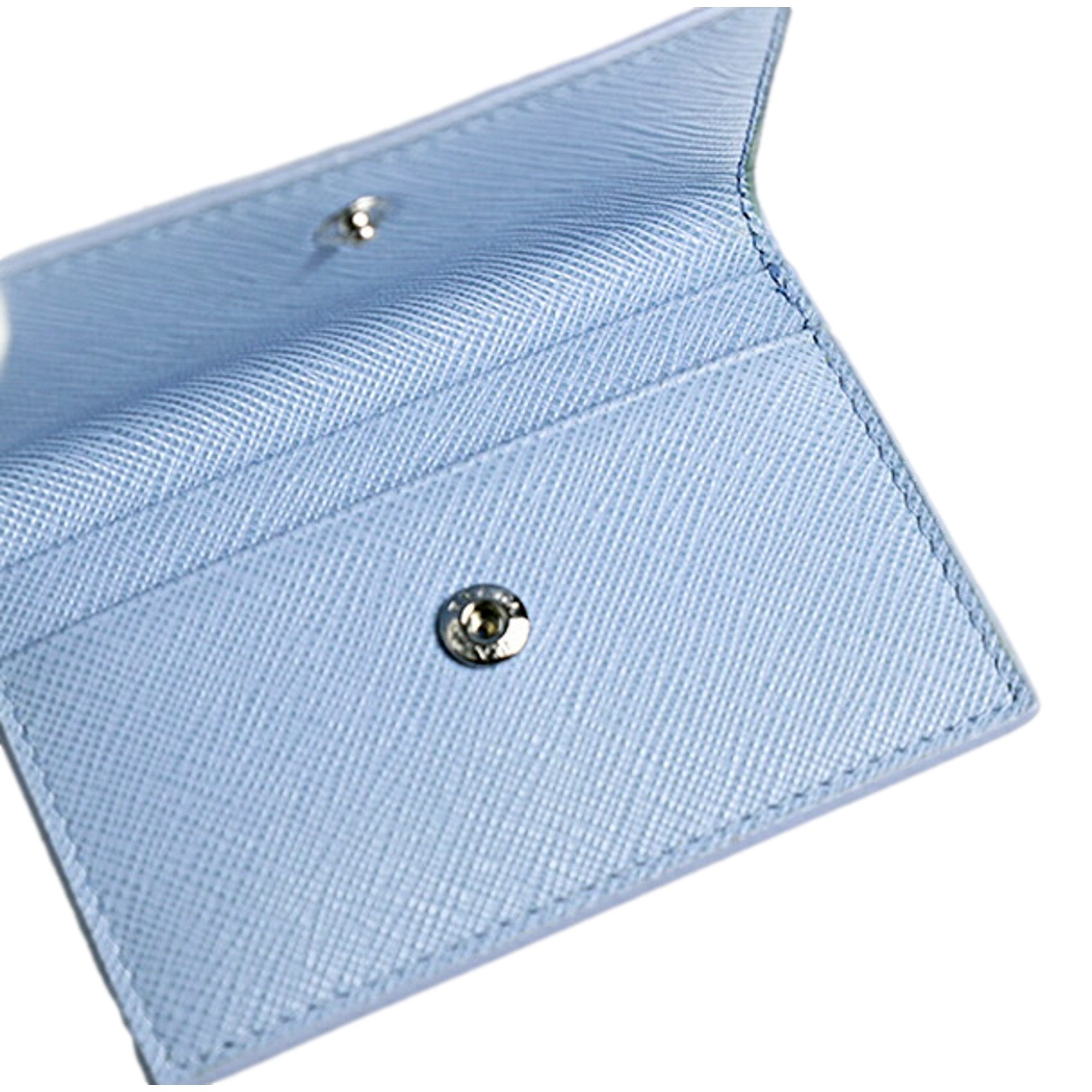 Prada Saffiano Celeste Blue Leather Small Snap Card Holder Wallet Triangle Logo sold at Queen Bee of Beverly Hills