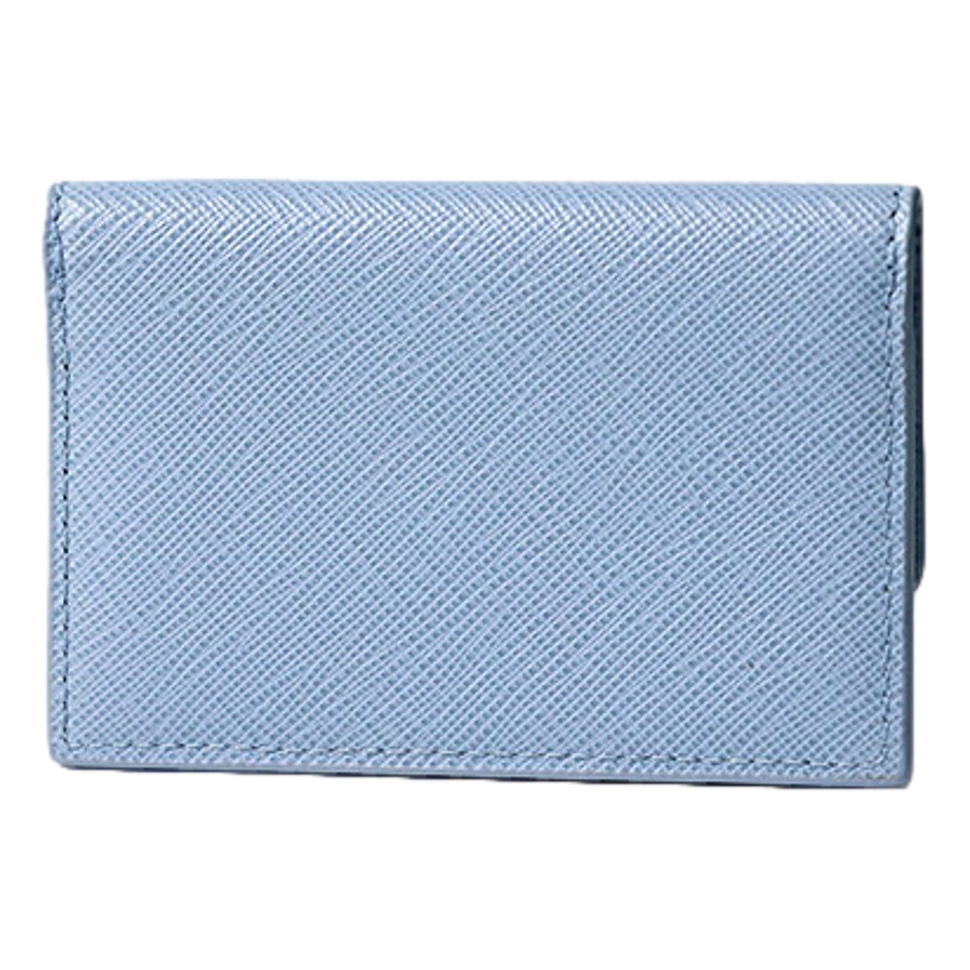 Prada Saffiano Celeste Blue Leather Small Snap Card Holder Wallet Triangle Logo sold at Queen Bee of Beverly Hills