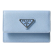 Prada Saffiano Celeste Blue Leather Small Snap Card Holder Wallet Triangle Logo sold at Queen Bee of Beverly Hills