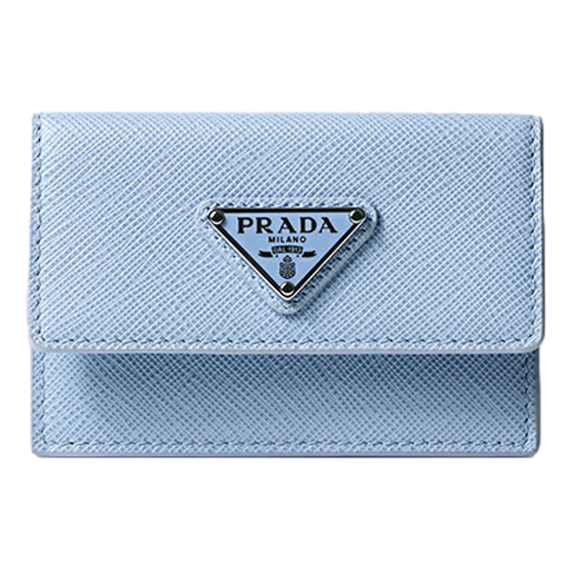Prada Saffiano Celeste Blue Leather Small Snap Card Holder Wallet Triangle Logo sold at Queen Bee of Beverly Hills