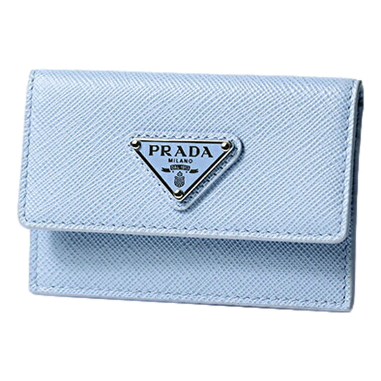 Prada Saffiano Celeste Blue Leather Small Snap Card Holder Wallet Triangle Logo sold at Queen Bee of Beverly Hills