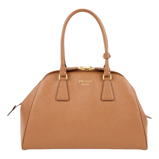 Prada Saffiano Soft Calfskin Top Handle Handbag Medium Caramel Brown available at Queen Bee of Beverly Hills