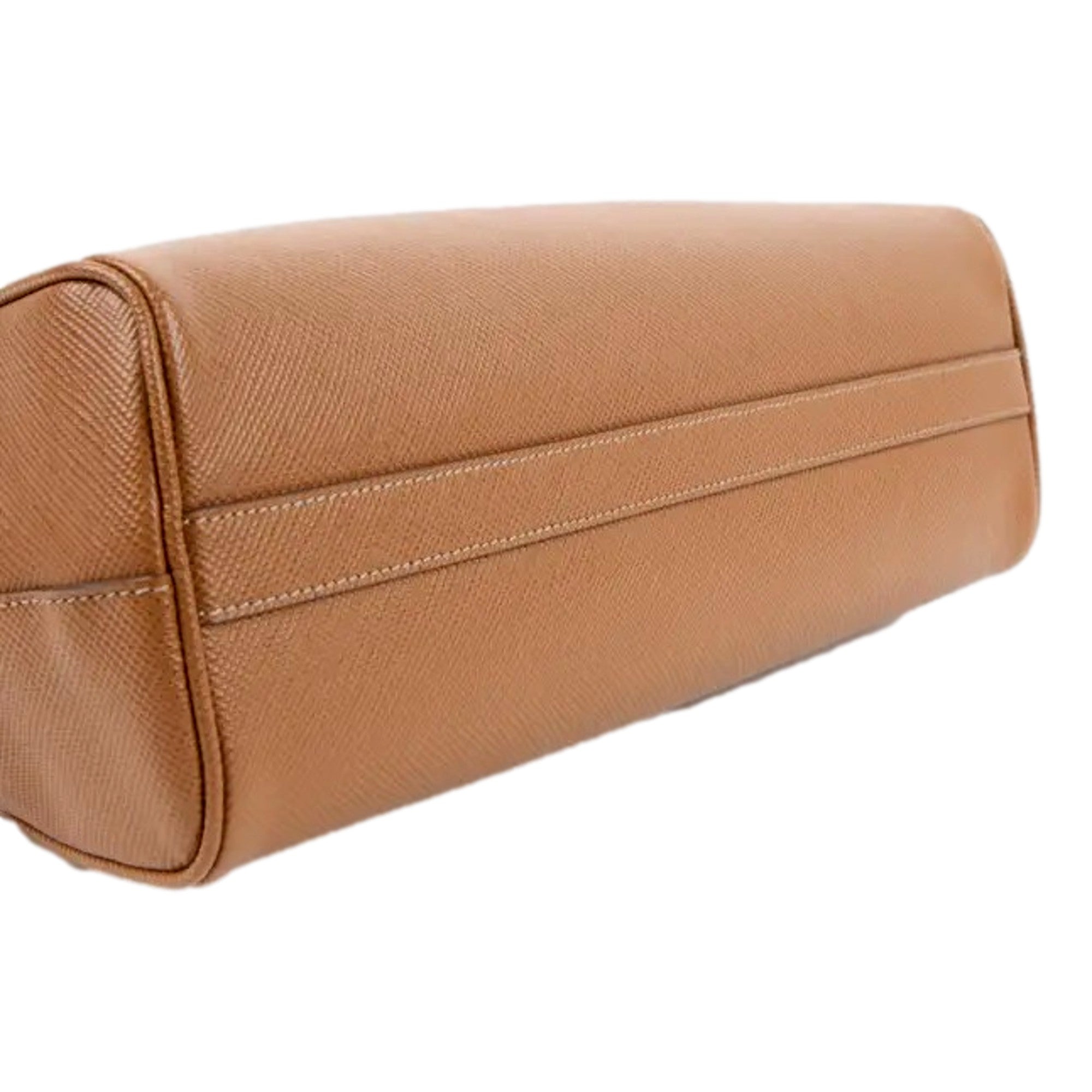 Prada Saffiano Soft Calfskin Top Handle Handbag Medium Caramel Brown available at Queen Bee of Beverly Hills
