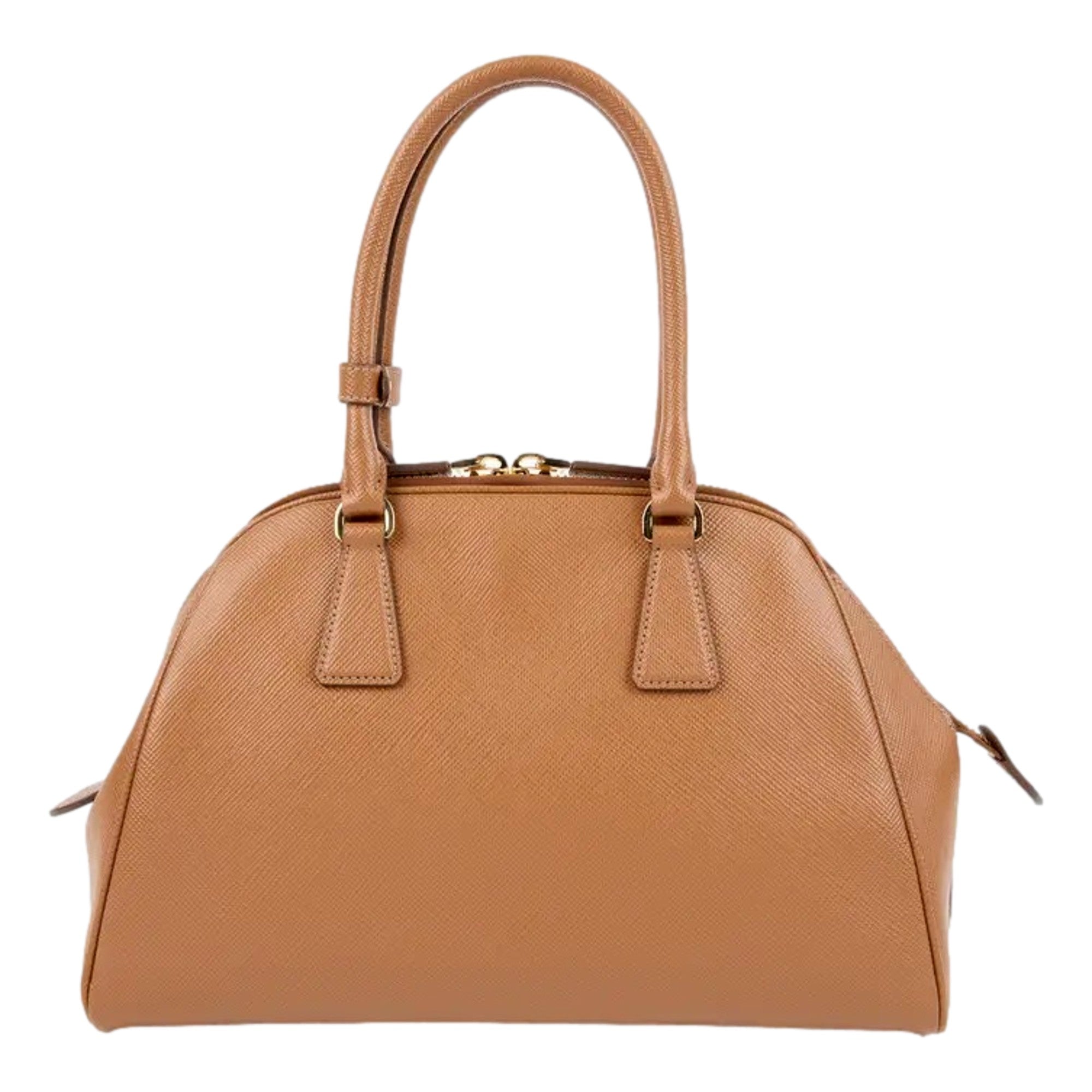 Prada Saffiano Soft Calfskin Top Handle Handbag Medium Caramel Brown available at Queen Bee of Beverly Hills
