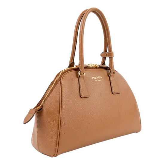 Prada Saffiano Soft Calfskin Top Handle Handbag Medium Caramel Brown available at Queen Bee of Beverly Hills
