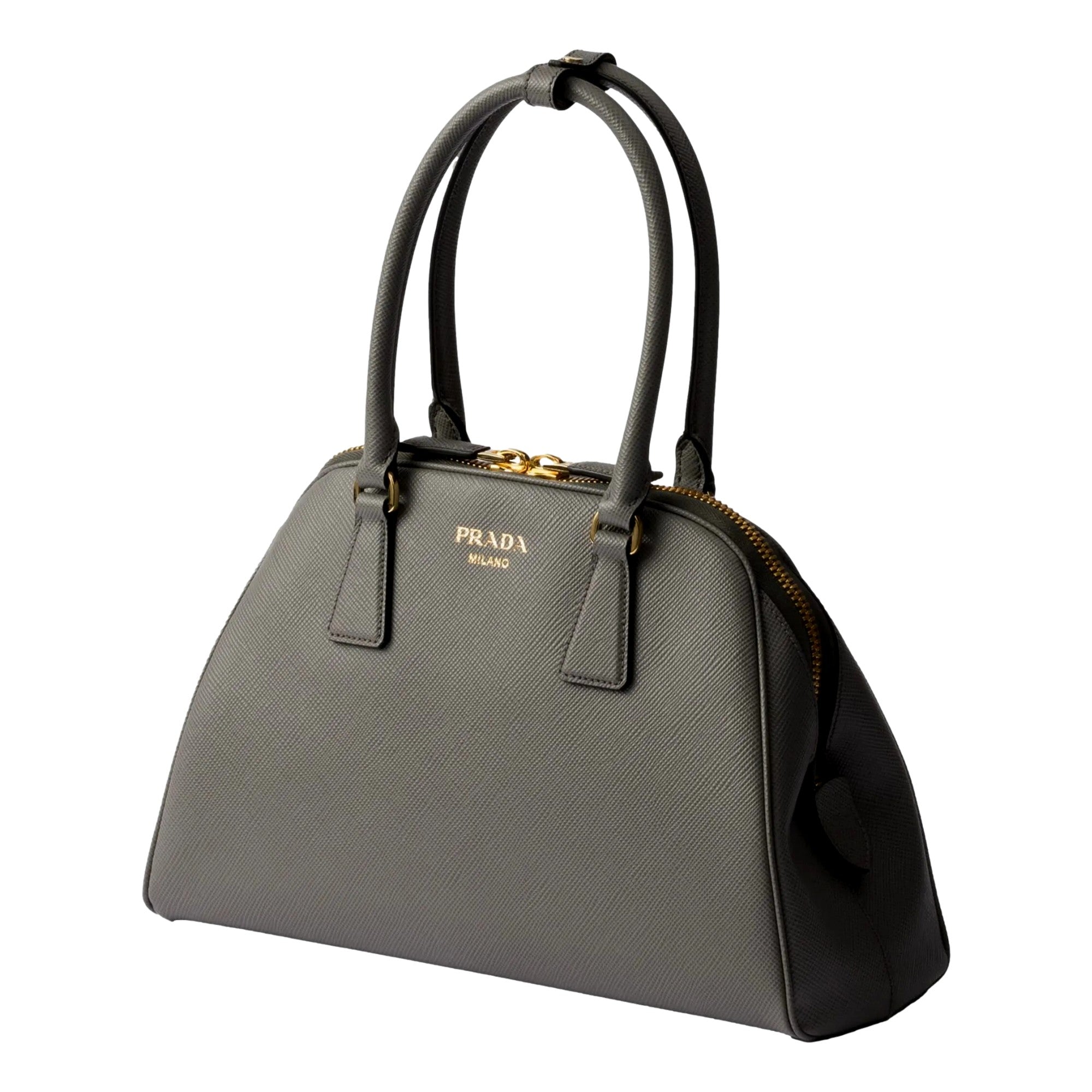 Prada Saffiano Soft Calfskin Top Handle Handbag Medium Marmo Gray available at Queen Bee of Beverly Hills