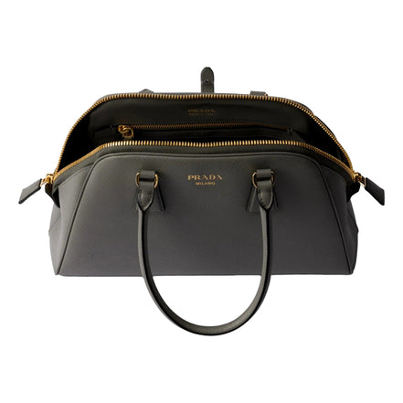 Prada Saffiano Soft Calfskin Top Handle Handbag Medium Marmo Gray available at Queen Bee of Beverly Hills