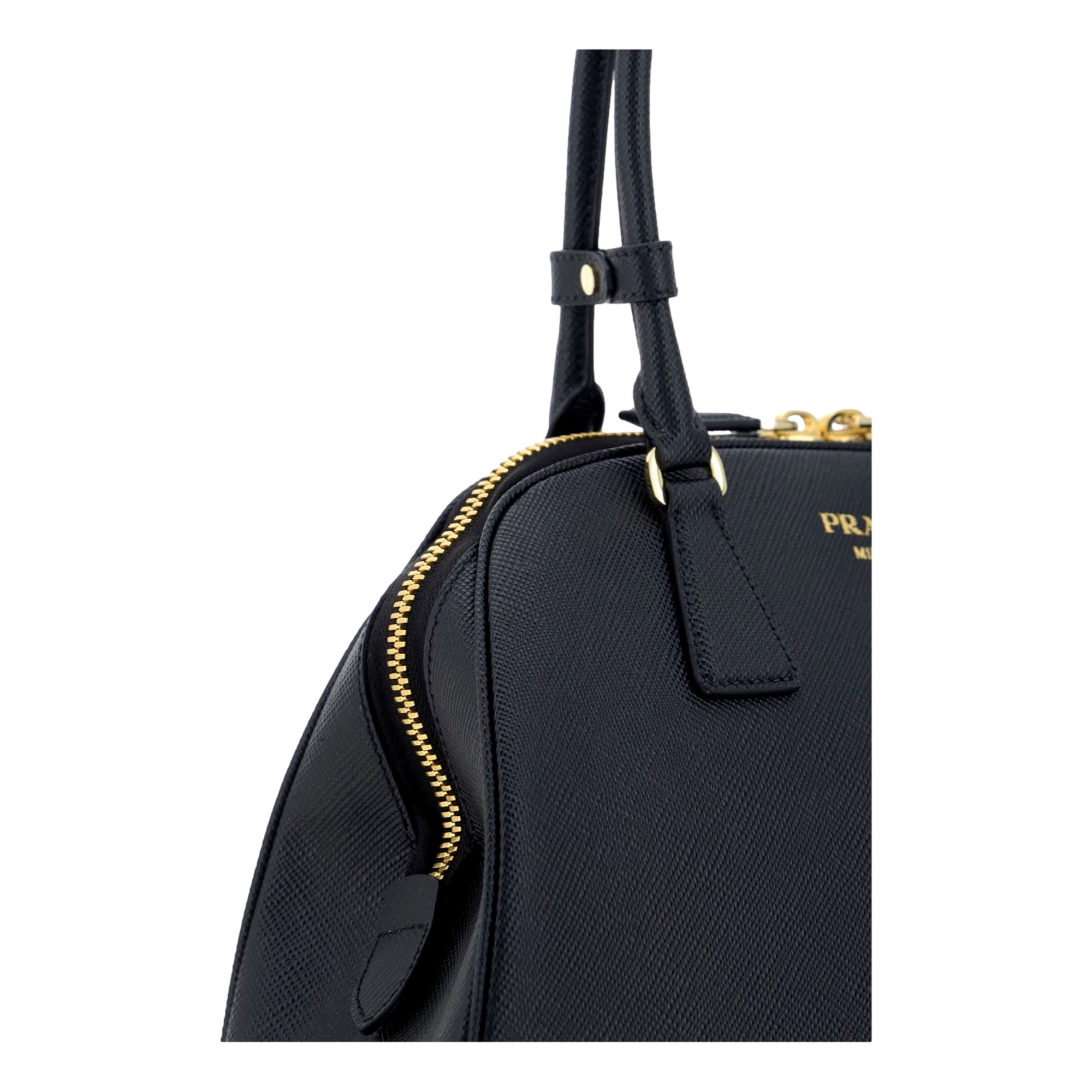 Prada Saffiano Soft Calfskin Top Handle Handbag Medium Nero Black available at Queen Bee of Beverly Hills