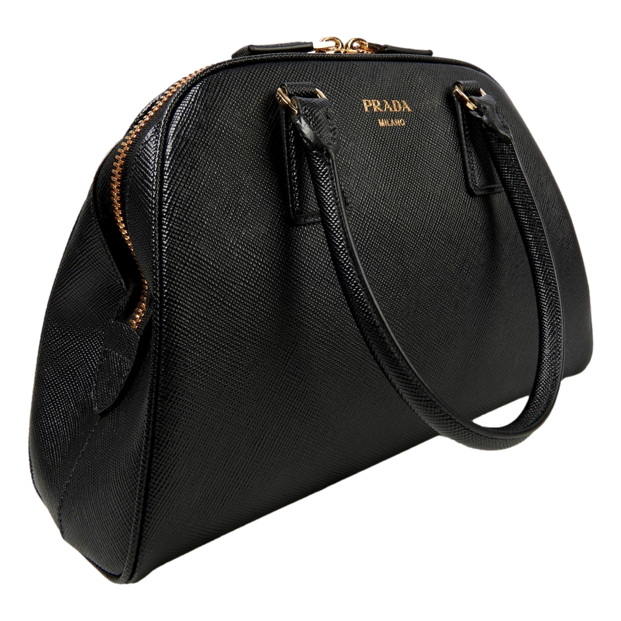 Prada Saffiano Soft Calfskin Top Handle Handbag Medium Nero Black available at Queen Bee of Beverly Hills