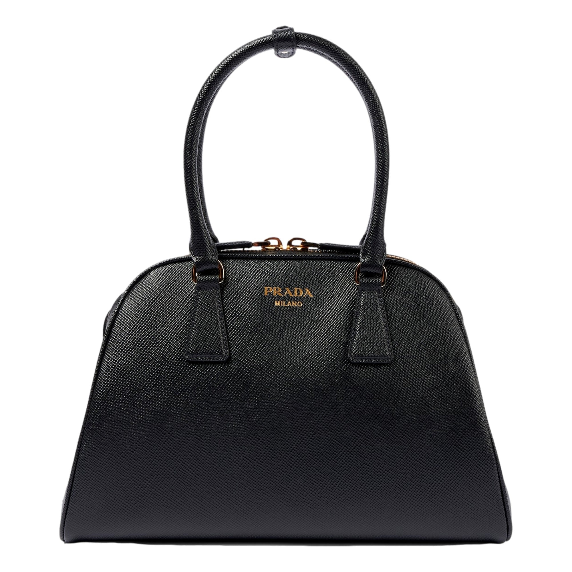 Prada Saffiano Soft Calfskin Top Handle Handbag Medium Nero Black available at Queen Bee of Beverly Hills