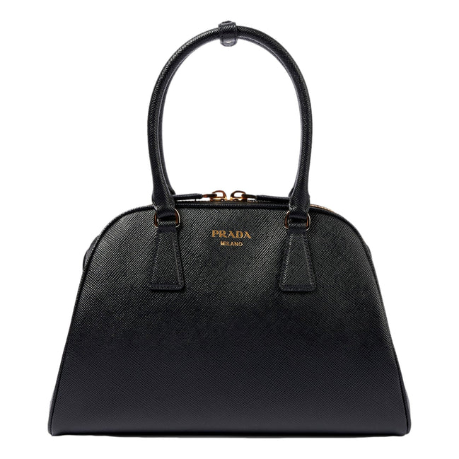 Prada Saffiano Soft Calfskin Top Handle Handbag Medium Nero Black available at Queen Bee of Beverly Hills
