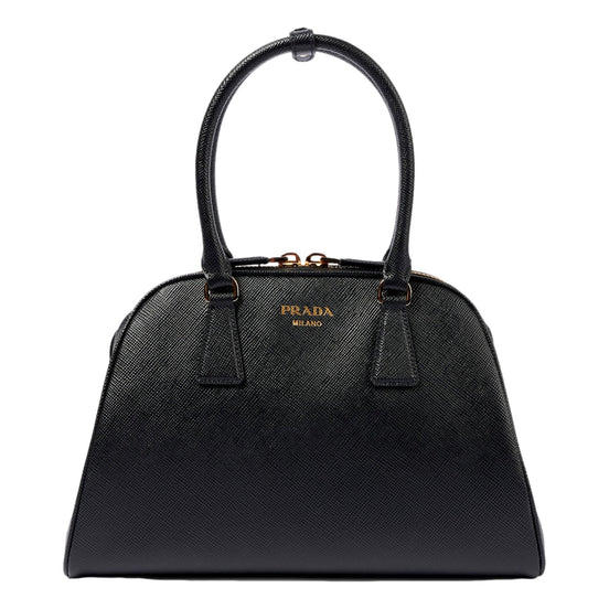Prada Saffiano Soft Calfskin Top Handle Handbag Medium Nero Black available at Queen Bee of Beverly Hills