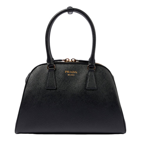Prada Saffiano Soft Calfskin Top Handle Handbag Medium Nero Black available at Queen Bee of Beverly Hills