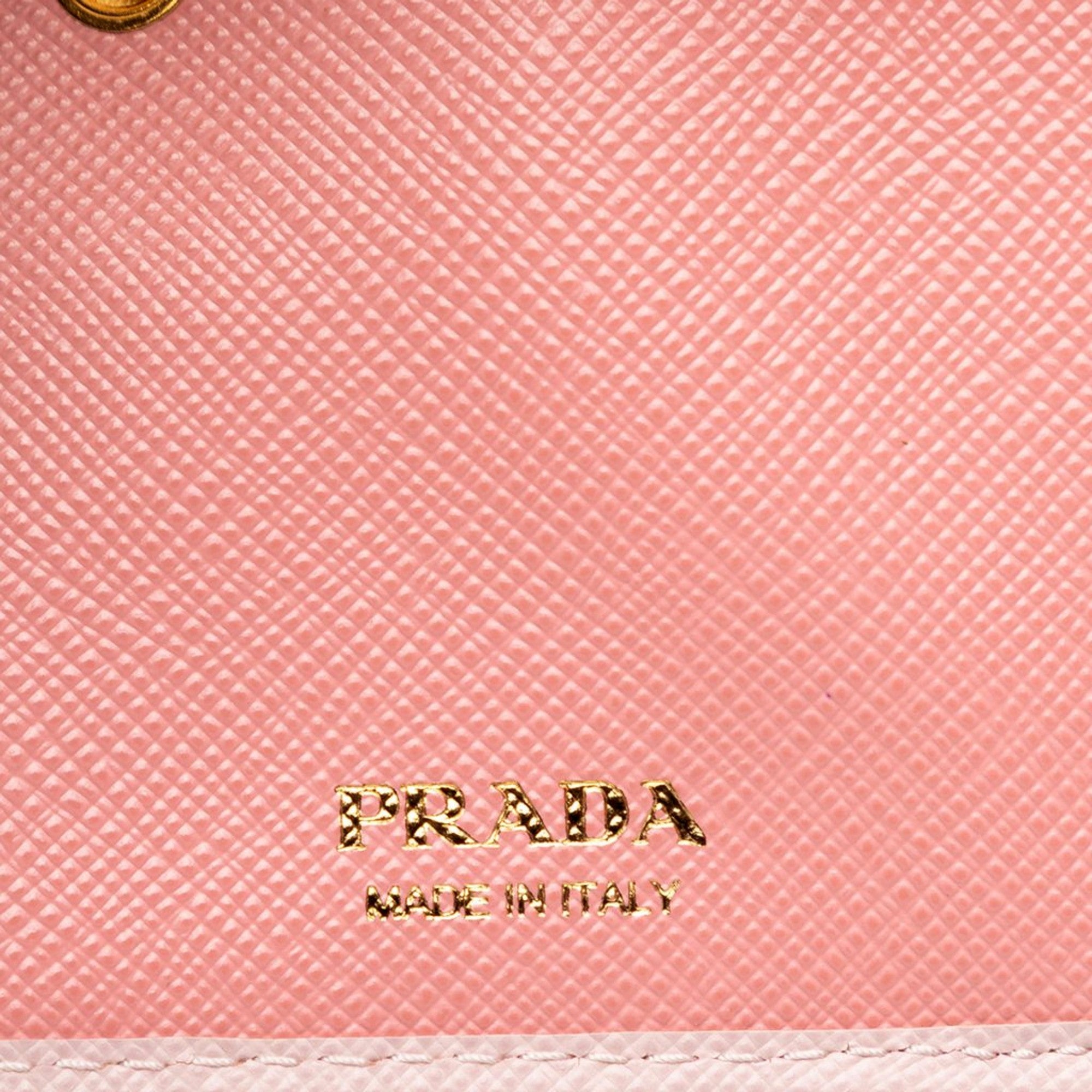 Prada Saffiano Petalo Pink Multicolor Trifold Coin Zipper Card Snap Wallet - available at Queen Bee of Beverly Hills. 