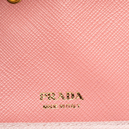 Prada Saffiano Petalo Pink Multicolor Trifold Coin Zipper Card Snap Wallet - available at Queen Bee of Beverly Hills. 