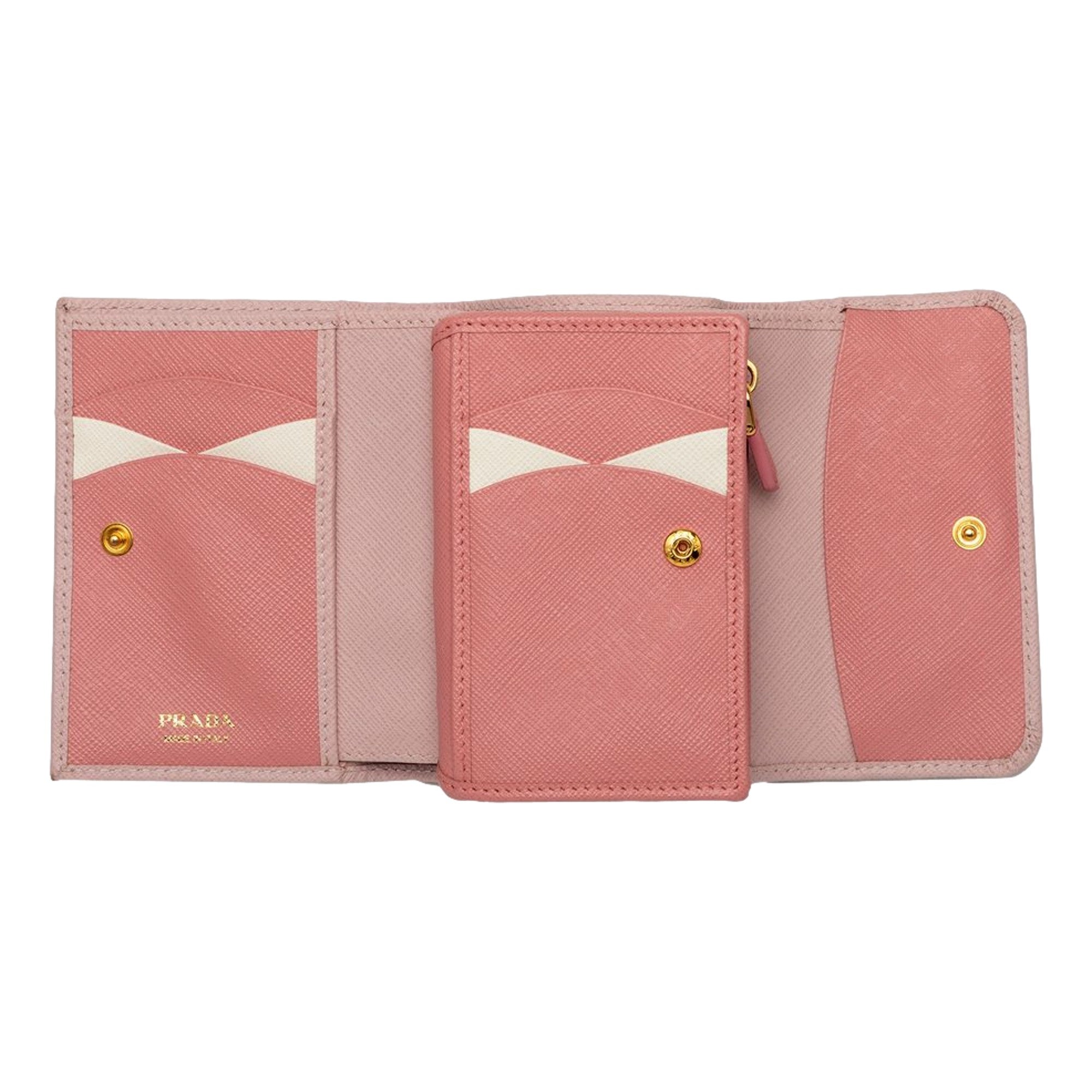 Prada Saffiano Petalo Pink Multicolor Trifold Coin Zipper Card Snap Wallet - available at Queen Bee of Beverly Hills. 